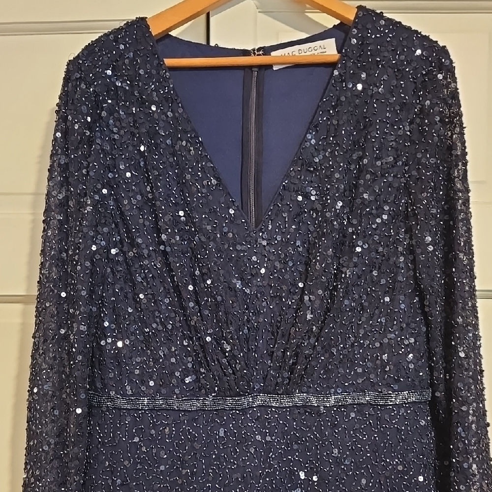 Mac Duggal Navy Long-Sleeve Sequin Evening Dress with Floral Hem - Picture 8 of 9